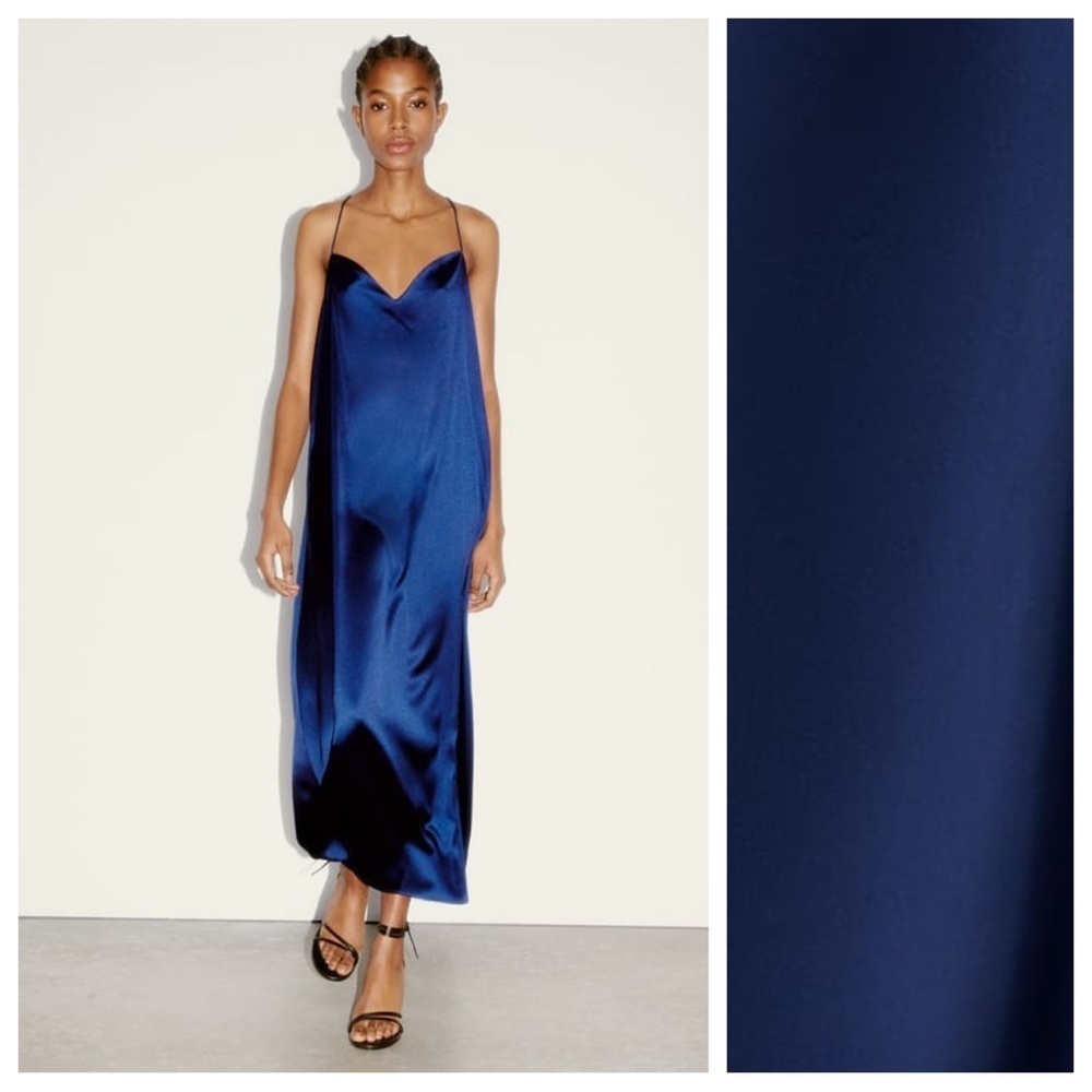NWT. Zara Dark Blue Satin Effect Camisole Slip Maxi Dress. Size XS.